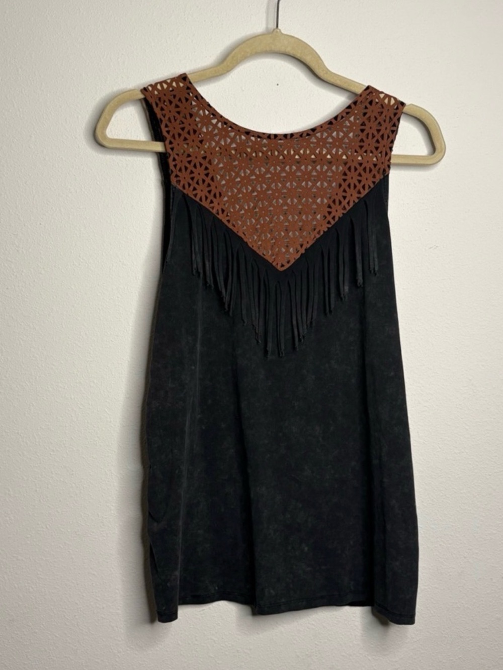 gimmicks by BKE Black Tank with Brown Laser-Cut Fringe Yoke